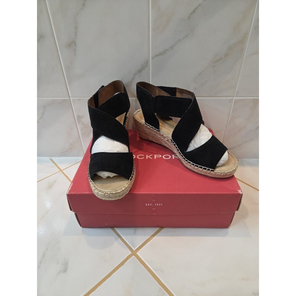 Women’s Rockport Black Suede Wedge Espadrille Sandals, Size 9